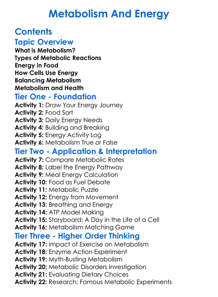 Metabolism And Energy Worksheet Activity Booklet