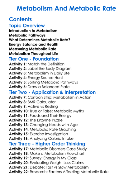 Metabolism And Metabolic Rate Worksheet Activity Booklet
