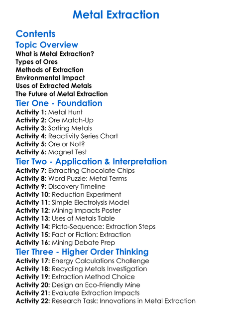 Metal Extraction Worksheet Activity Booklet