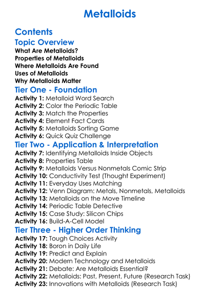 Metalloids Worksheet Activity Booklet