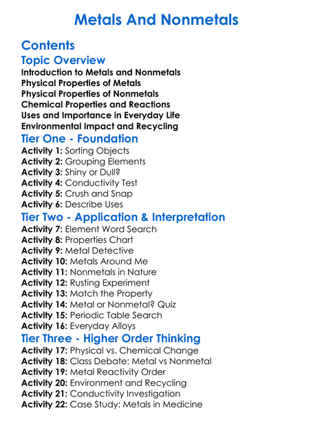 Metals And Nonmetals Worksheet Activity Booklet