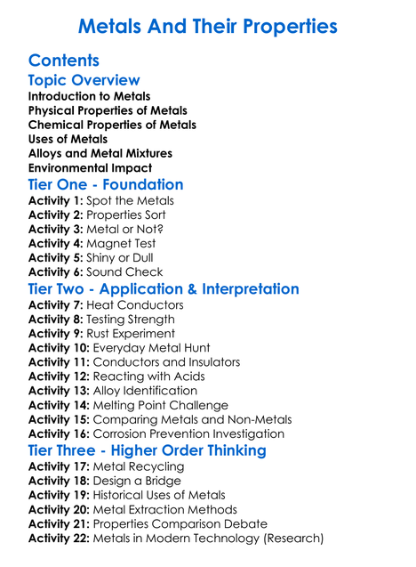 Metals And Their Properties Worksheet Activity Booklet