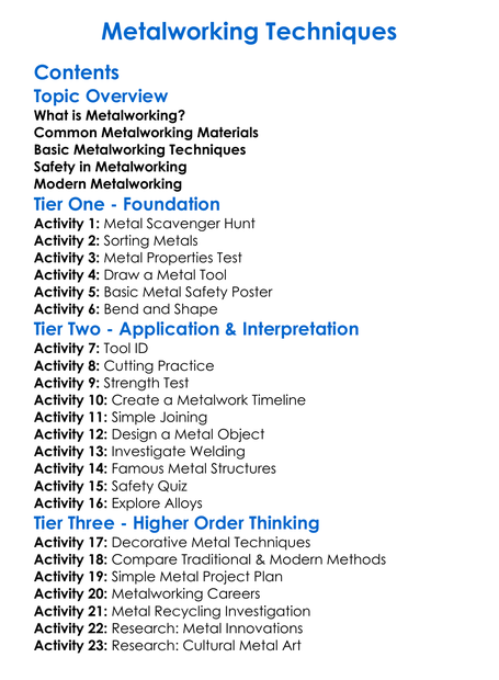 Metalworking Techniques Worksheet Activity Booklet