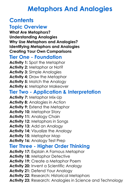Metaphors And Analogies Worksheet Activity Booklet