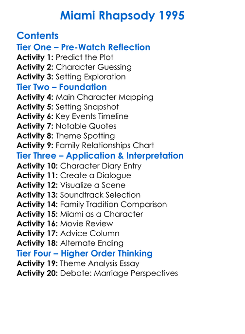 Miami Rhapsody 1995 Worksheet Activity Booklet