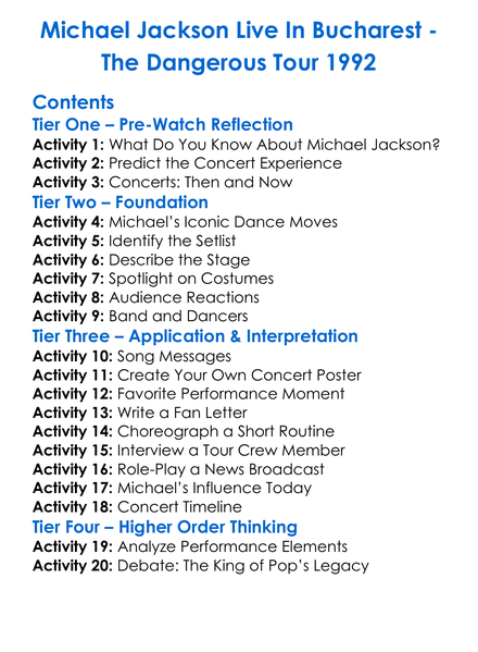Michael Jackson Live In Bucharest Worksheet Activity Booklet