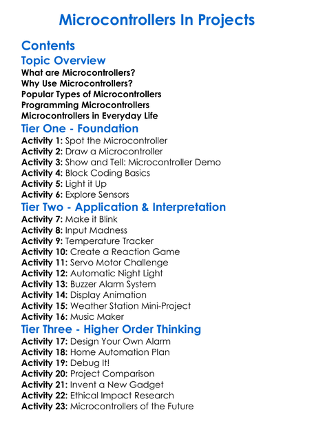 Microcontrollers In Projects Worksheet Activity Booklet