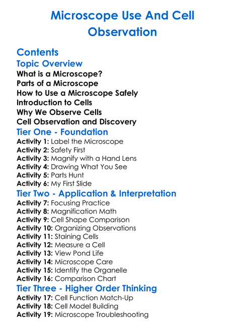 Microscope Use And Cell Observation Worksheet Activity Booklet