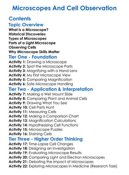 Microscopes And Cell Observation Worksheet Activity Booklet