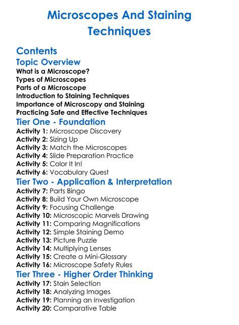 Microscopes And Staining Techniques Worksheet Activity Booklet