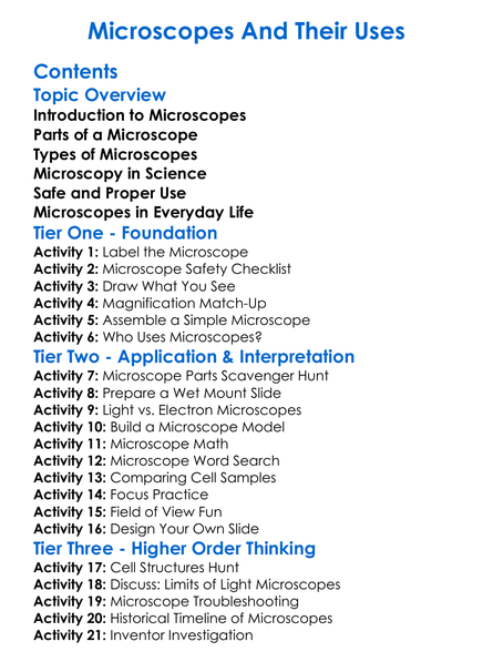 Microscopes And Their Uses Worksheet Activity Booklet
