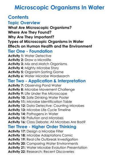 Microscopic Organisms In Water Worksheet Activity Booklet