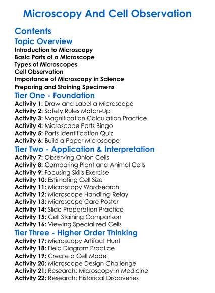 Microscopy And Cell Observation Worksheet Activity Booklet