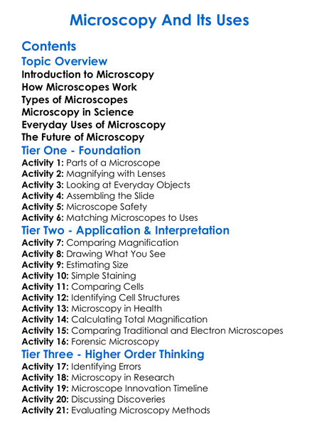 Microscopy And Its Uses Worksheet Activity Booklet