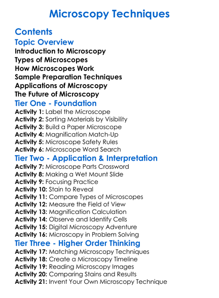 Microscopy Techniques Worksheet Activity Booklet