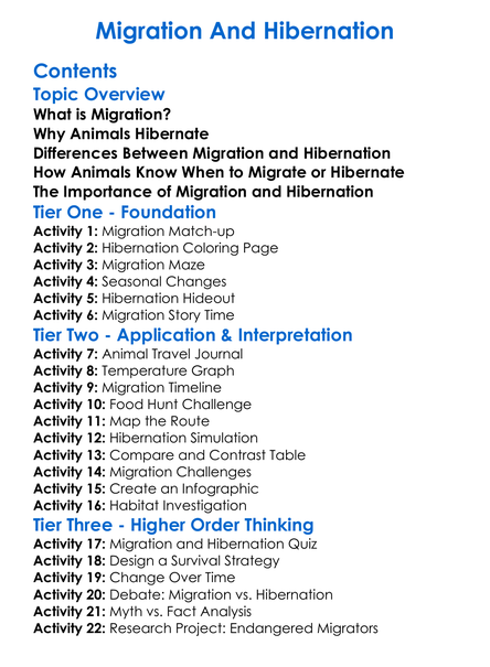 Migration And Hibernation Worksheet Activity Booklet