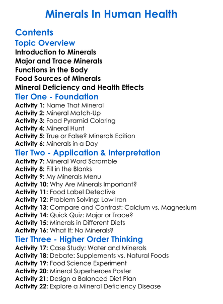 Minerals In Human Health Worksheet Activity Booklet