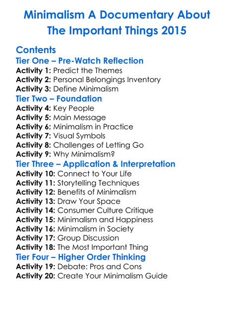 Minimalism A Documentary About The Important Things 2015 Worksheet Activity Booklet