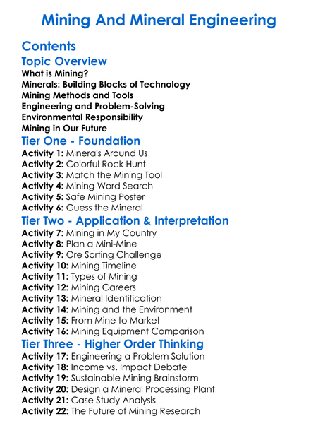 Mining And Mineral Engineering Worksheet Activity Booklet