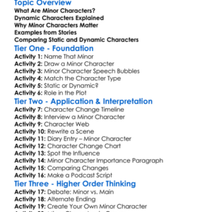 Minor And Dynamic Characters Worksheet Activity Booklet