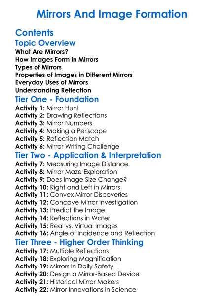Mirrors And Image Formation Worksheet Activity Booklet