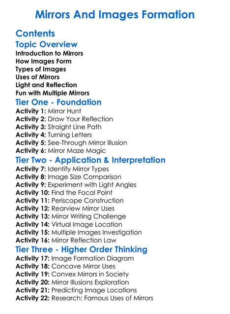 Mirrors And Images Formation Worksheet Activity Booklet