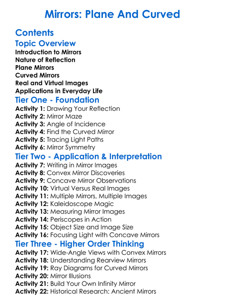 Mirrors Plane And Curved Worksheet Activity Booklet
