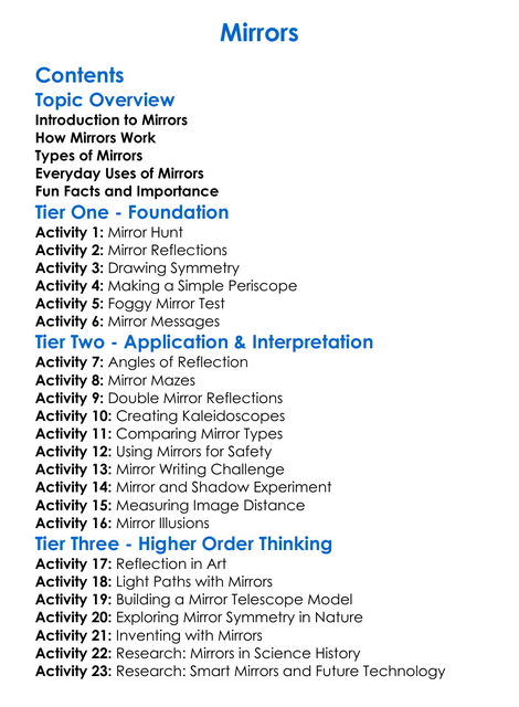 Mirrors Worksheet Activity Booklet