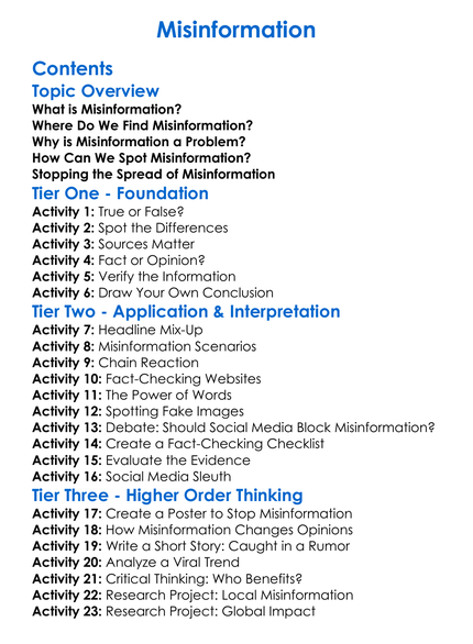 Misinformation Worksheet Activity Booklet