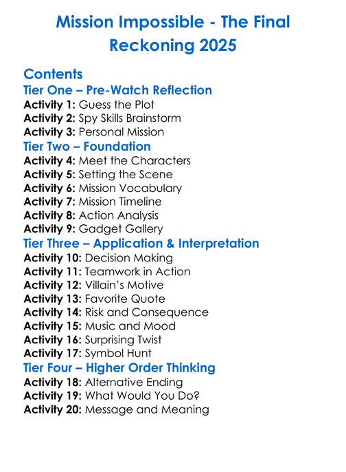 Mission Impossible Worksheet Activity Booklet