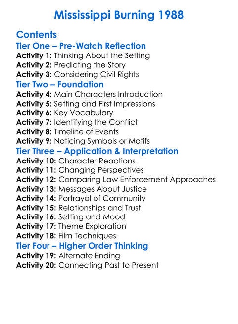 Mississippi Burning 1988 Worksheet Activity Booklet