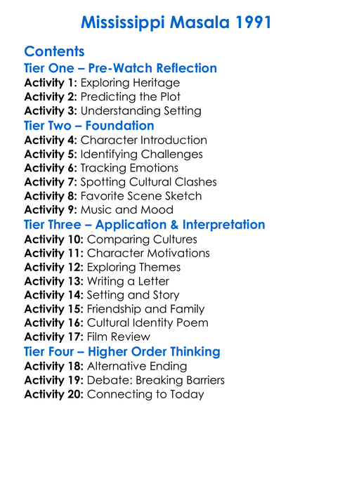 Mississippi Masala 1991 Worksheet Activity Booklet