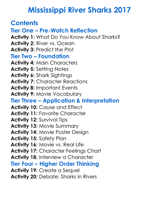 Mississippi River Sharks 2017 Worksheet Activity Booklet
