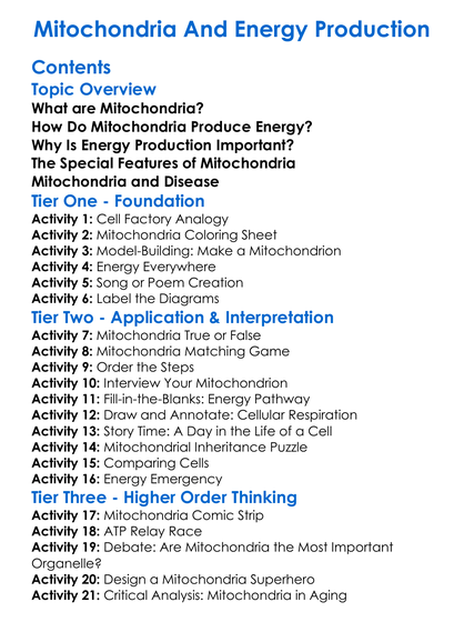 Mitochondria And Energy Production Worksheet Activity Booklet