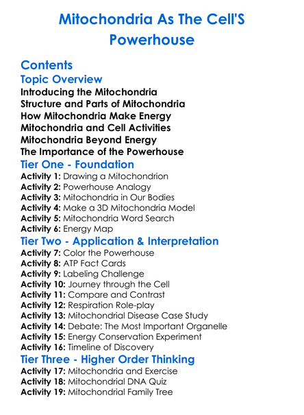 Mitochondria As The Cells Powerhouse Worksheet Activity Booklet