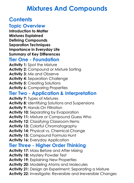 Mixtures And Compounds Worksheet Activity Booklet