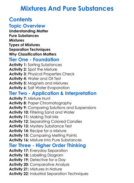 Mixtures And Pure Substances Worksheet Activity Booklet