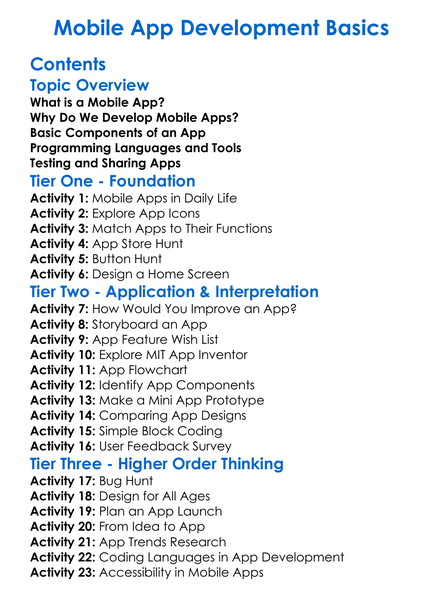 Mobile App Development Basics Worksheet Activity Booklet