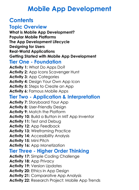 Mobile App Development Worksheet Activity Booklet