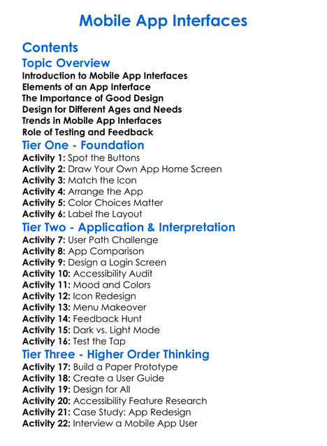 Mobile App Interfaces Worksheet Activity Booklet