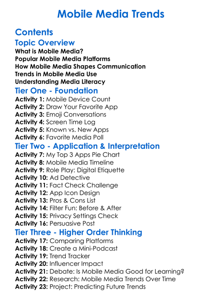 Mobile Media Trends Worksheet Activity Booklet