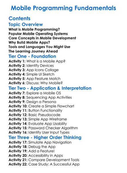 Mobile Programming Fundamentals Worksheet Activity Booklet