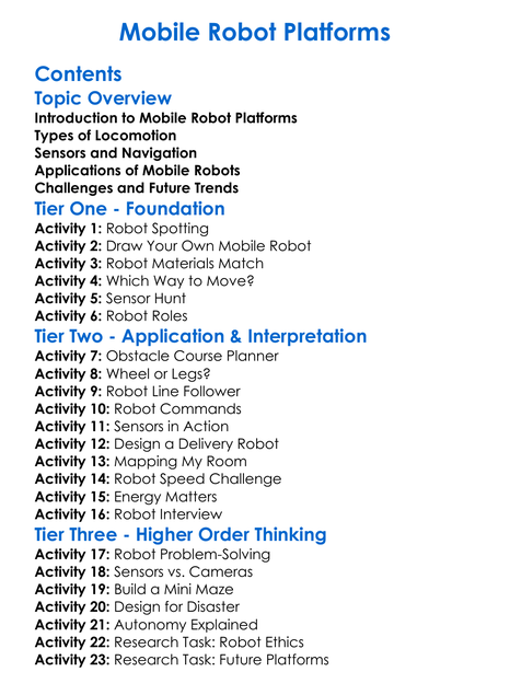 Mobile Robot Platforms Worksheet Activity Booklet