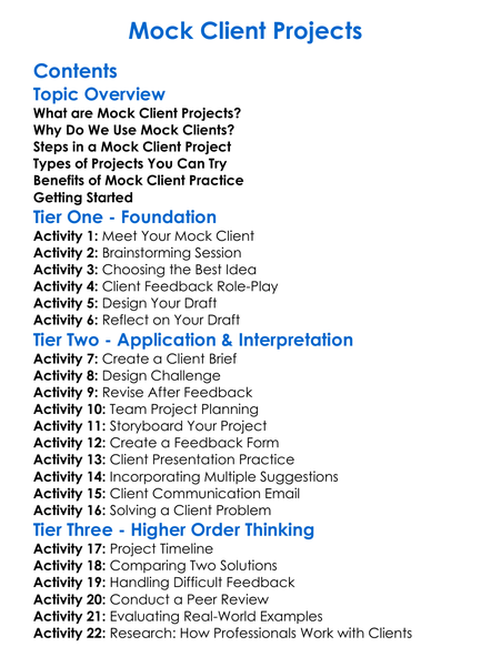 Mock Client Projects Worksheet Activity Booklet