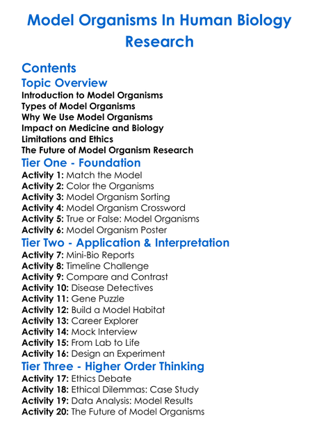 Model Organisms In Human Biology Research Worksheet Activity Booklet