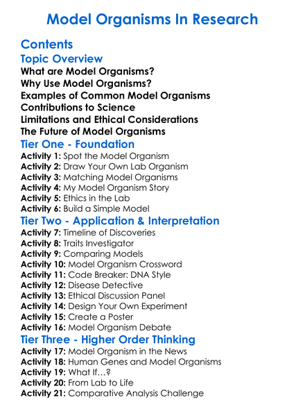 Model Organisms In Research Worksheet Activity Booklet