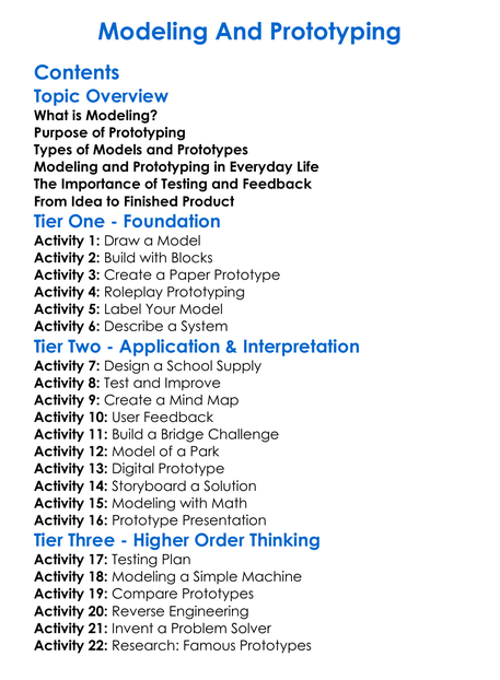 Modeling And Prototyping Worksheet Activity Booklet