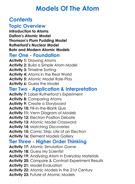 Models Of The Atom Worksheet Activity Booklet