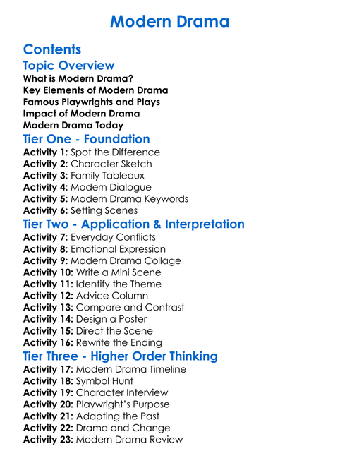 Modern Drama Worksheet Activity Booklet