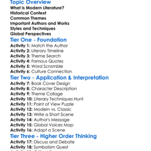 Modern Literature Worksheet Activity Booklet